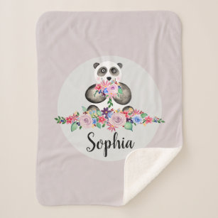 Girls Cute Floral Watercolor Flowers Panda Bear Sherpa Blanket