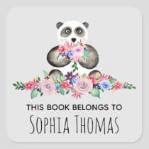 Girls Cute Floral Watercolor Panda Name Bookplate