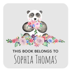 Girls Cute Floral Watercolor Panda Name Bookplate