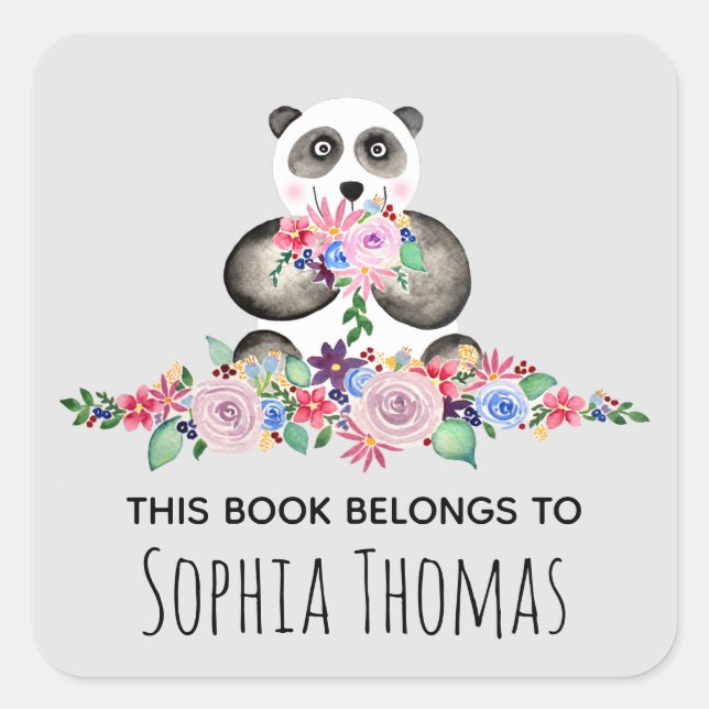 Girls Cute Floral Watercolor Panda Name Bookplate (Front)