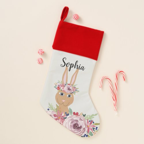 Girls Cute Floral Watercolor Rabbit and Name Christmas Stocking