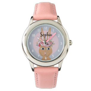 Girls Cute Floral Watercolor Rabbit and Name Kids Watch