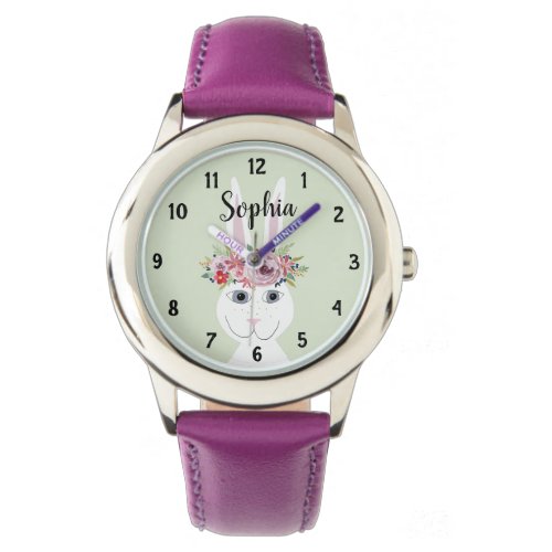 Girls Cute Floral Watercolor Rabbit and Name Kids Watch