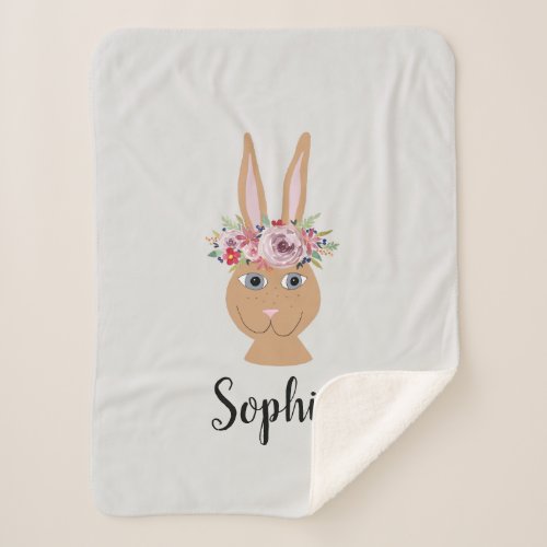 Girls Cute Floral Watercolor Rabbit and Name Sherpa Blanket