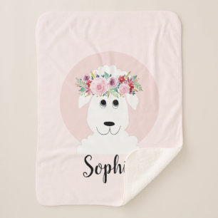 Girls Cute Floral Watercolor Sheep and Name Sherpa Blanket
