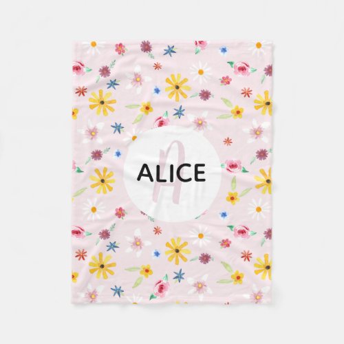 Girls Cute Flower Pattern Monogram and Name Kids Fleece Blanket