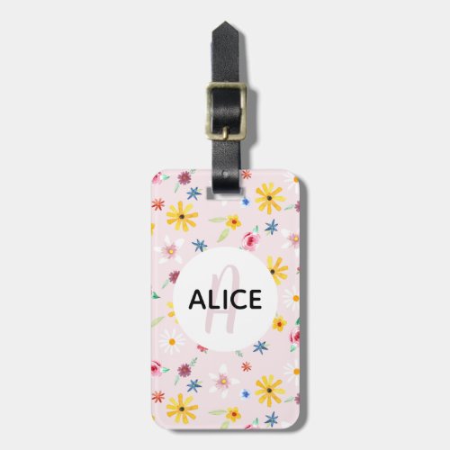 Girls Cute Flower Pattern Monogram Name Kids Luggage Tag