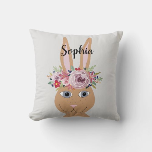 Girls Cute Flowers Watercolor Rabbit and Name Kids Throw Pillow