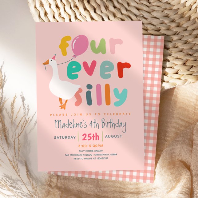 Girls Cute “Four Ever Silly” 4th Birthday Goose Invitation (Creator Uploaded)