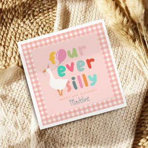Girls Cute Four Ever Silly Farm Goose 4th Birthday Napkins