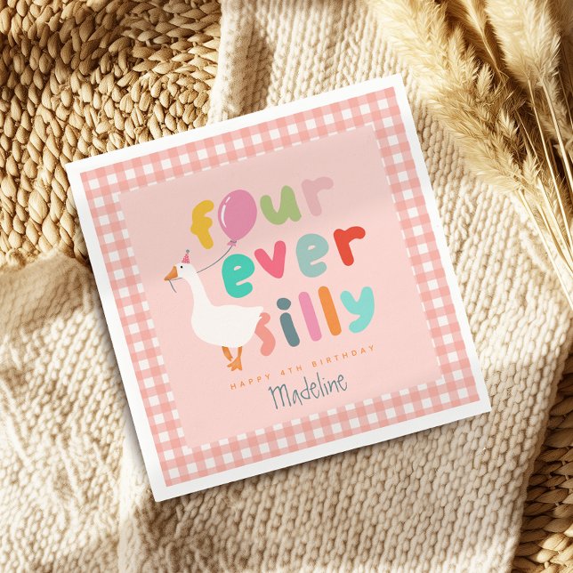Girls Cute Four Ever Silly Farm Goose 4th Birthday Napkins (Creator Uploaded)