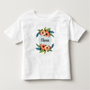 Girls Cute Fun Floral Watercolor Flowers and Name Toddler T-shirt