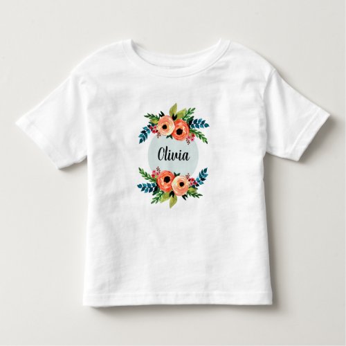 Girls Cute Fun Floral Watercolor Flowers and Name Toddler T_shirt