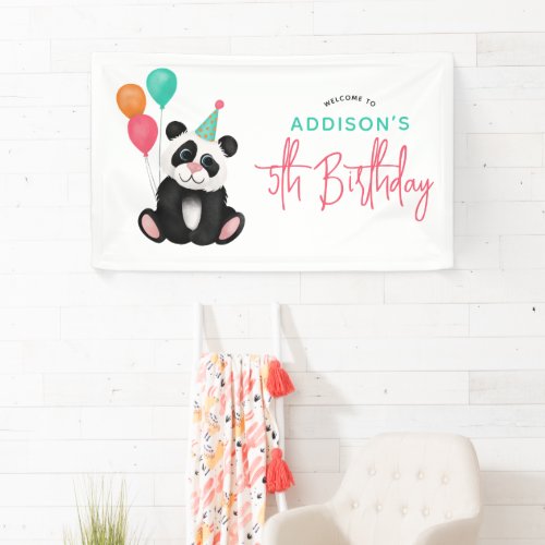 Girls Cute Fun Panda Bear 5th Birthday Party Banner