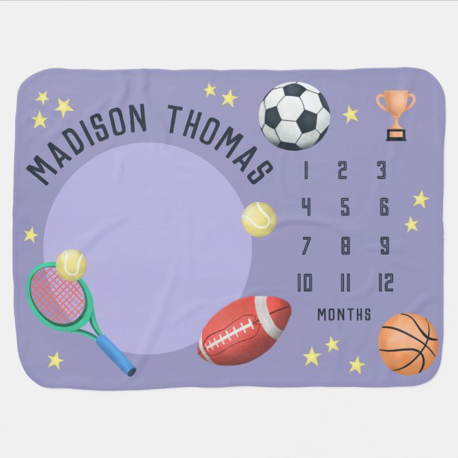 Girls Cute & Fun Purple Soccer Basketball Sports Baby Blanket (Horizontal)