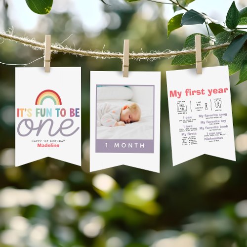 Girls Cute Fun to be One Birthday Milestone Photo Bunting Flags
