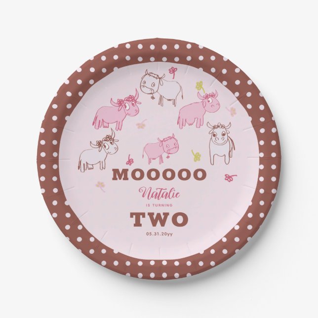 Girls Cute Funny Cows Pink Pattern 2nd Birthday Paper Plates (Front)