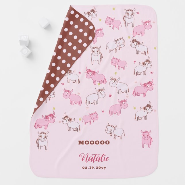 Girls Cute Funny Farm Cows Pink Pattern Name Baby Blanket (In Situ)