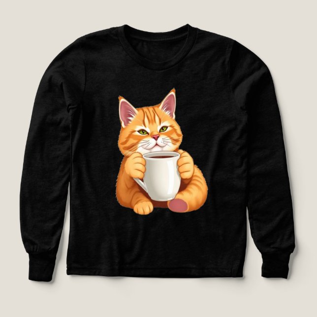 Girls Cute Ginger Cat Coffee Graphic Long Sleeve Tri-Blend Shirts (Design Front)