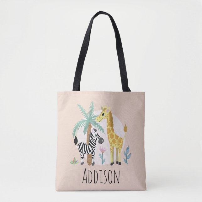 Girls Cute Giraffe and Zebra Safari Kids Neutral Tote Bag (Front)