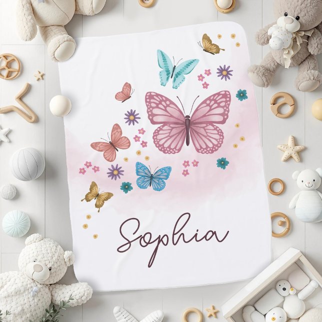 Girls Cute Girly Pink Floral Butterfly Baby Blanket (Creator Uploaded)