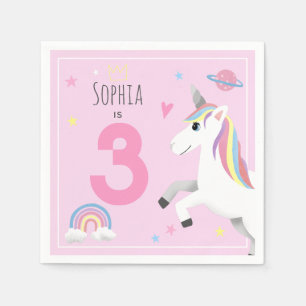 Girls Cute Girly Pink Unicorn Kids 3rd Birthday Napkins