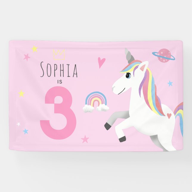 Girls Cute Girly Pink Unicorn Kids Birthday Banner (Horizontal)