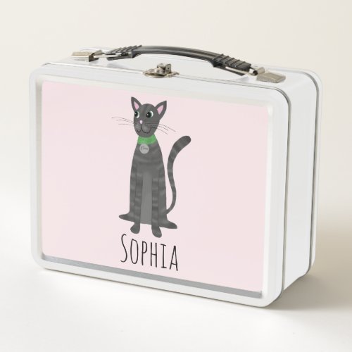 Girls Cute Gray Tabby Kitty Cat Cartoon Kids Metal Lunch Box