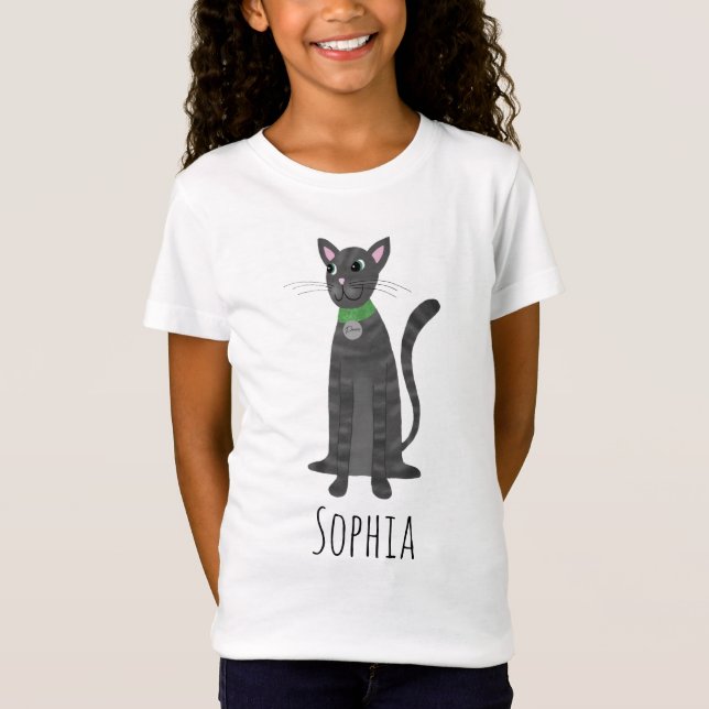 Girls Cute Gray Tabby Kitty Cat & Name Kids T-Shirt (Front)