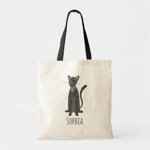 Girls Cute Gray Tabby Kitty Cat & Name Kids Tote Bag