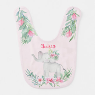 Girls Cute Grey Elephant Pink Flowers and Greenery Baby Bib