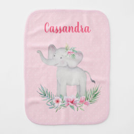 Girls Cute Grey Elephant Pink Flowers Polka Dots Baby Burp Cloth