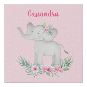 Girls Cute Grey Elephant Pink Flowers Polka Dots Faux Canvas Print