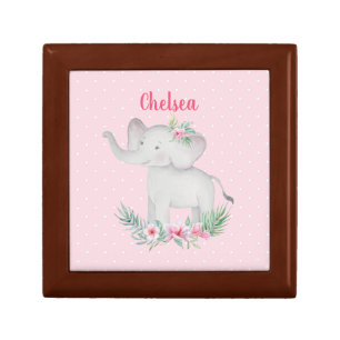 Girls Cute Grey Elephant Pink Flowers Polka Dots Gift Box