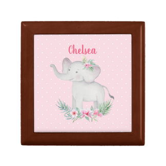 Girls Cute Grey Elephant Pink Flowers Polka Dots   Gift Box