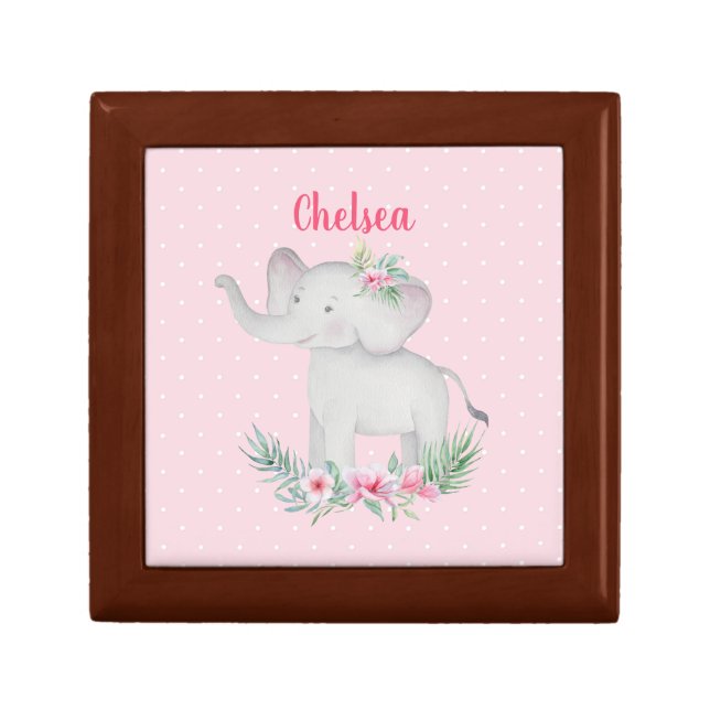 Girls Cute Grey Elephant Pink Flowers Polka Dots   Gift Box (Front)