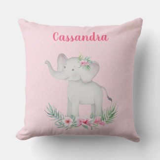 Girls Cute Grey Elephant Pink Flowers Polka Dots   Throw Pillow