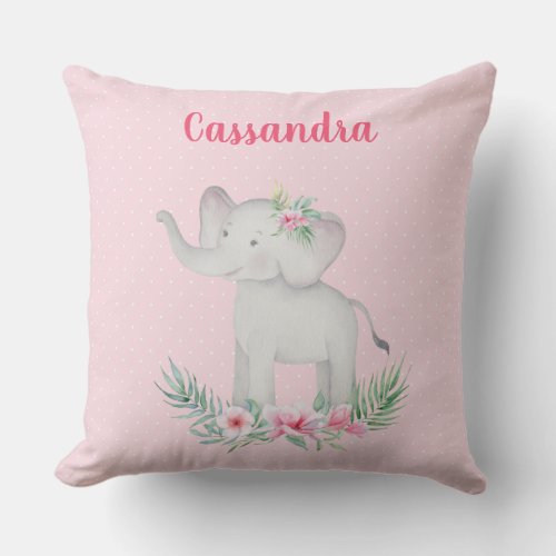 Girls Cute Grey Elephant Pink Flowers Polka Dots   Throw Pillow