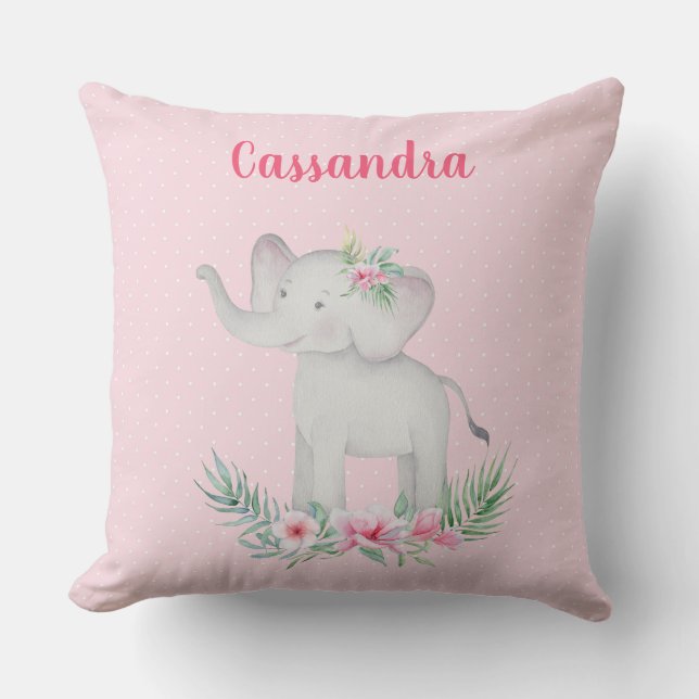 Girls Cute Grey Elephant Pink Flowers Polka Dots   Throw Pillow (Front)
