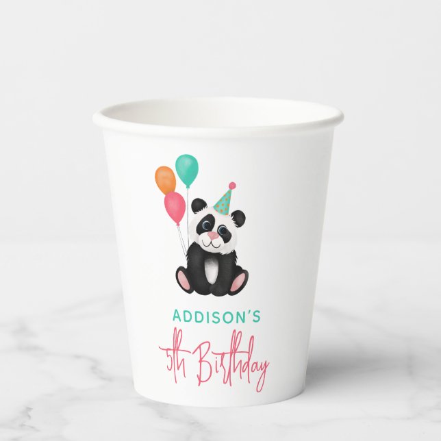 Girls Cute Jungle Panda Bear 5th Birthday Party Paper Cups (Front)