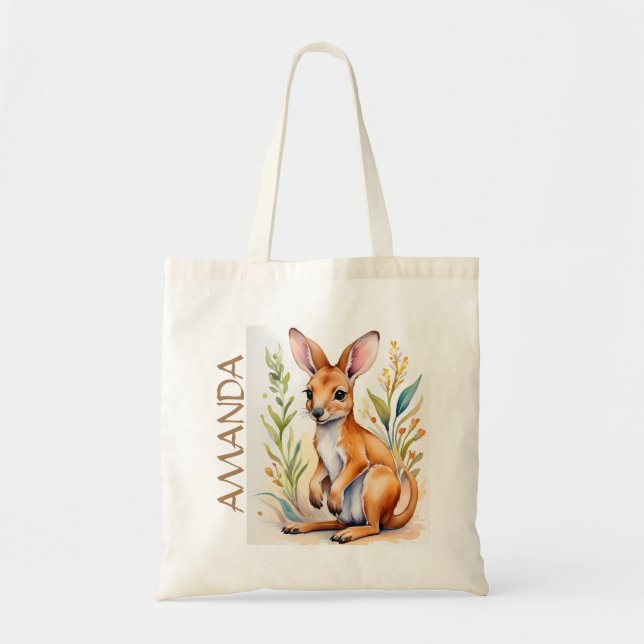 Girls Cute Kangaroo Wildlife Watercolor Name Kids  Tote Bag (Front)