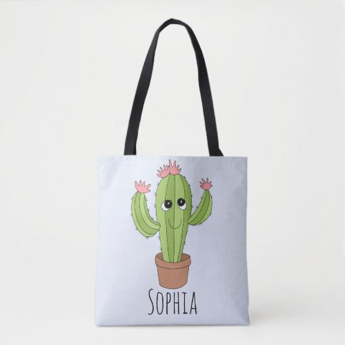 Girls Cute Kawaii Cactus Plant and Name Kids Tote Bag