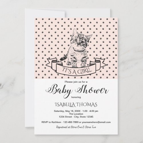 Girls Cute Kitten Pink Baby Shower Invitation