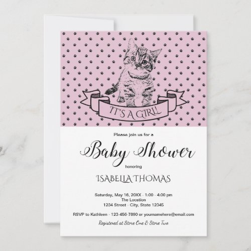 Girls Cute Kitten Purple Baby Shower Invitation