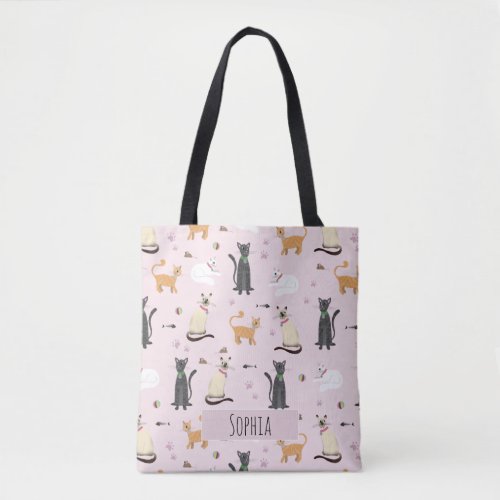 Girls Cute Kitty Cat Pattern and Name Kids Tote Bag