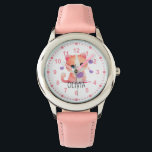 Girls Cute Kitty Kitten Cat Pink Custom Name Watch<br><div class="desc">This super cute and girly kid's watch makes the perfect first watch for any kid. This design features a beautiful watercolor kitten holding a purple heart. You can customize it with your little princess name,  and it's perfect for children who love kittens or cats.</div>