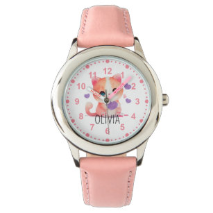 Girls Cute Kitty Kitten Cat Pink Custom Name Watch