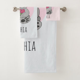 Girls Cute Koala Bear and Flowers and Name Kids Bath Towel Set
