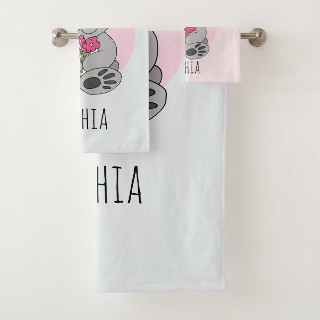 Girls Cute Koala Bear and Flowers and Name Kids Bath Towel Set (Insitu)