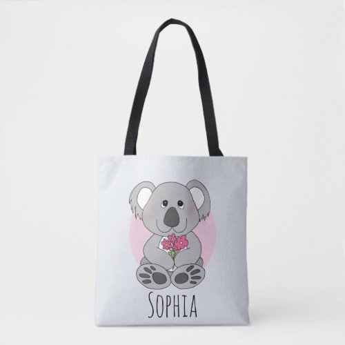 Girls Cute Koala Bear and Flowers and Name Kids Tote Bag